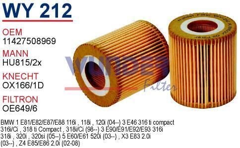 WUNDER WY212 | BMW E46-E81-E87-E90-E92 Kasa Benzinli Yağ Filtresi | 7508969